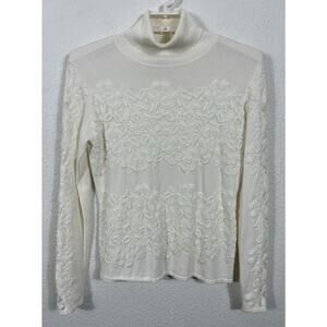 LaSeine Turtleneck Top Size Medium Ivory‎ Knit Viscose Blend Floral Lace Accents